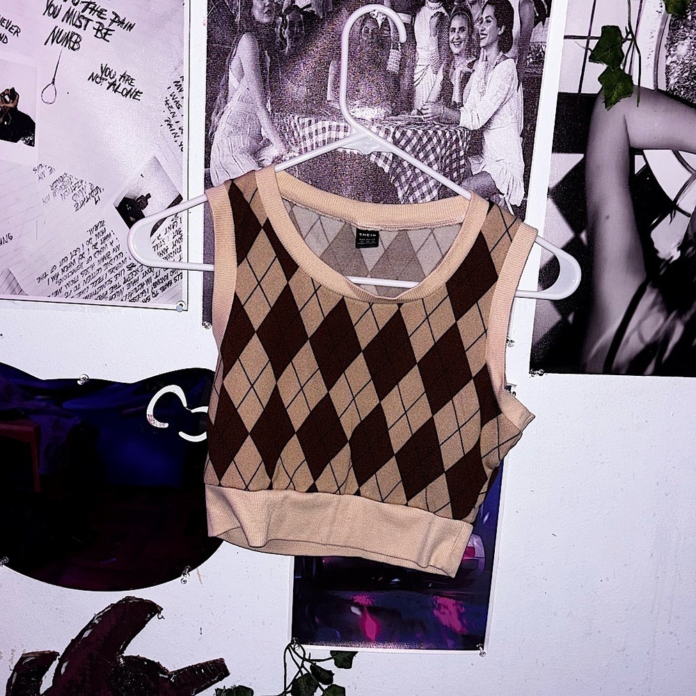 𐙚SHEIN Cropped Tank crème/cream and brown argyle